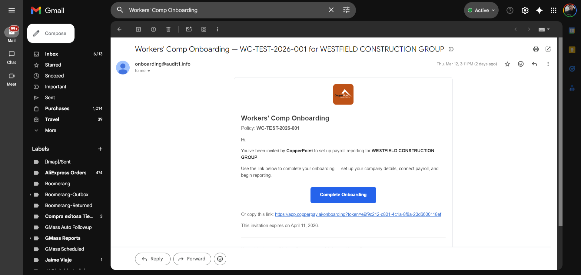 Onboarding invitation email from carrier