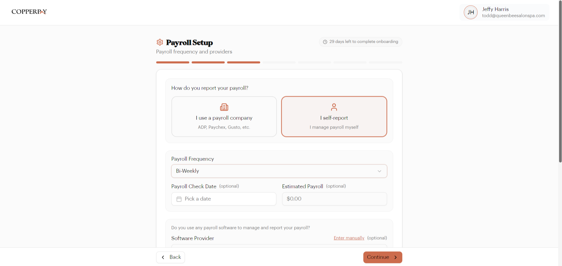 Payroll setup — self-report path