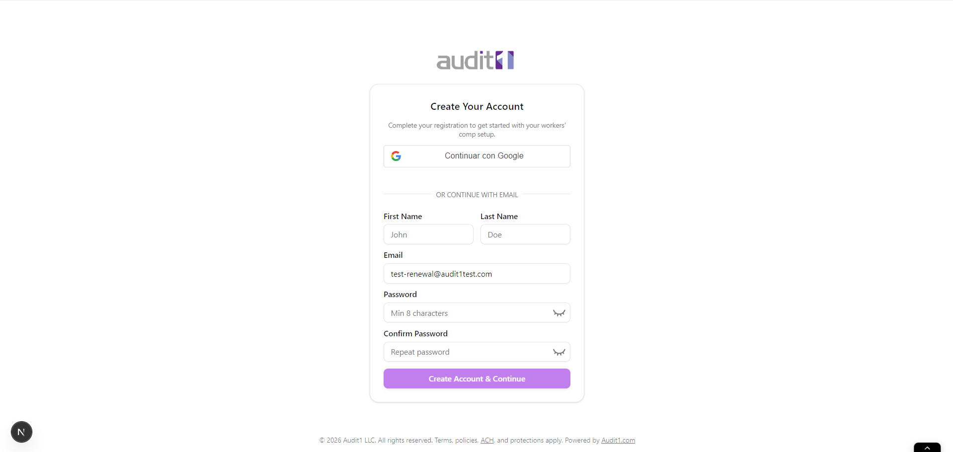 Account registration form