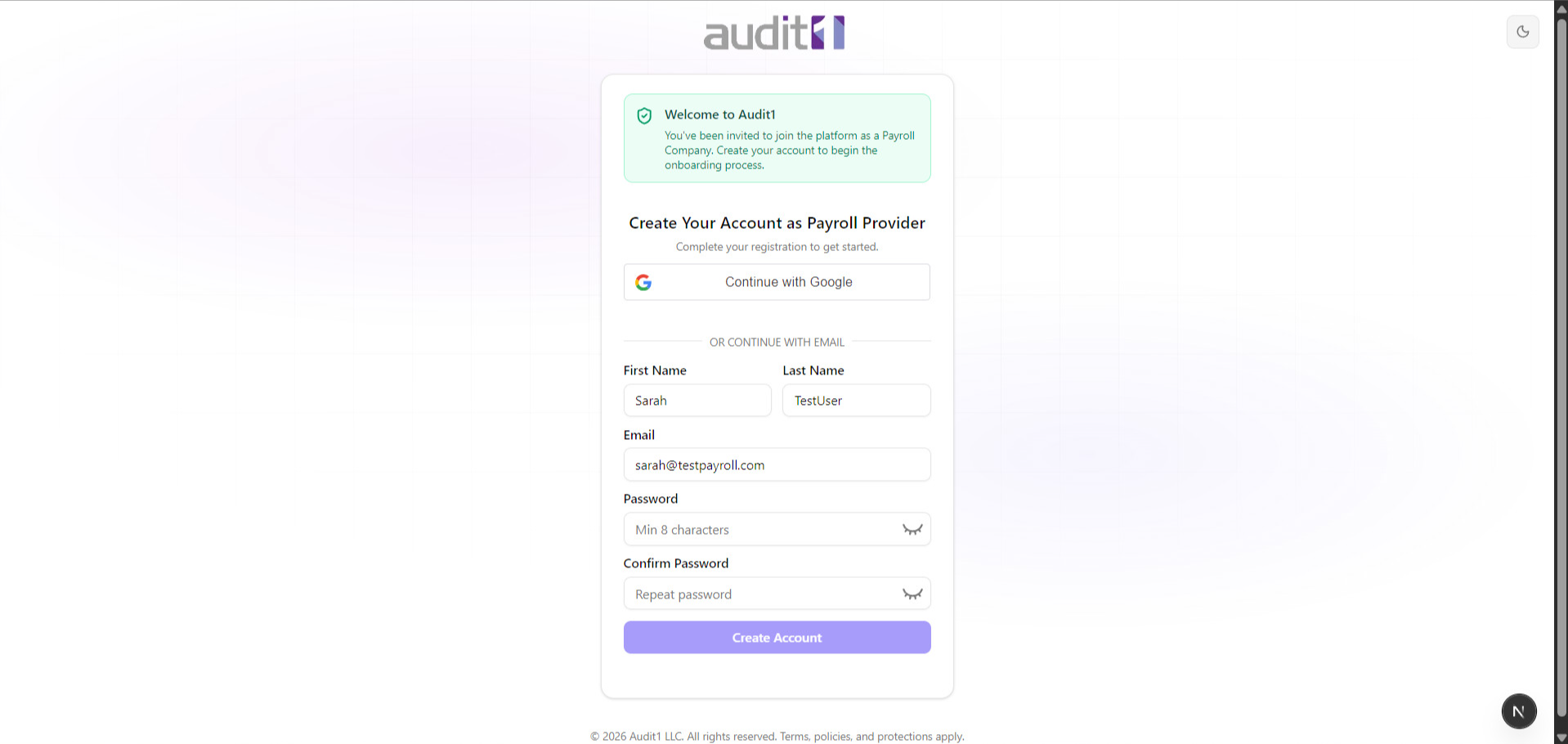 Registration page — admin invite