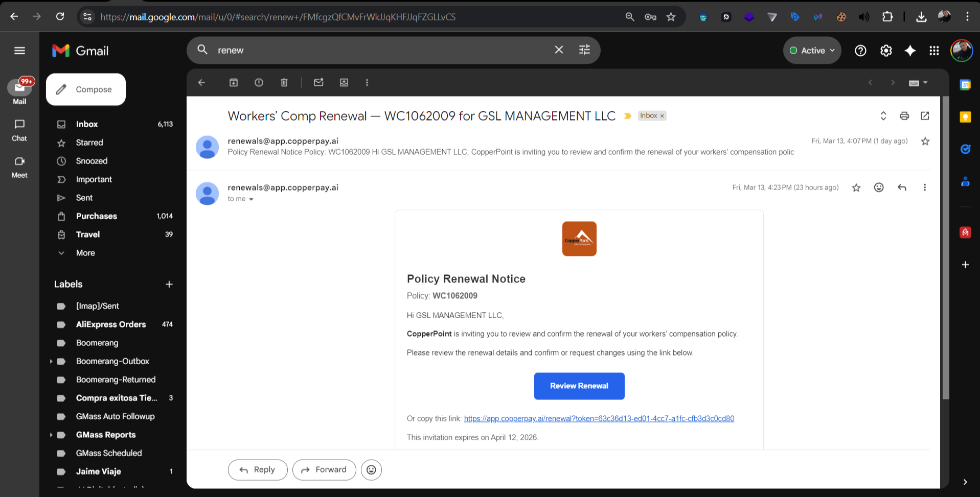 Renewal invitation email